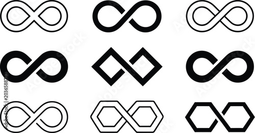 Infinity loop symbol set vector illustration collection of various continuous line geometric limitless shapes isolated on white background