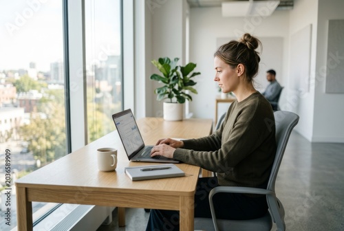 Person working on laptop in modern office with city view and natural light