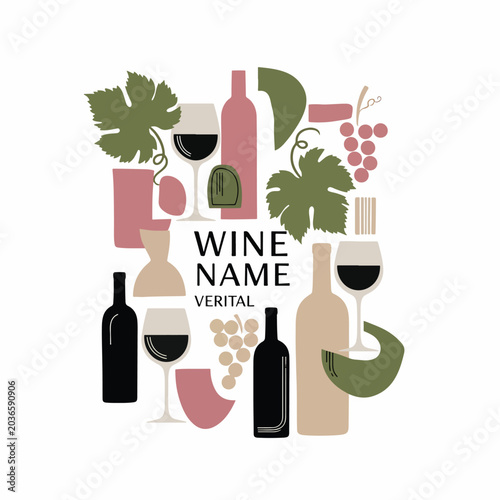 Schilderij op canvas Wine bottles and glasses illustration.