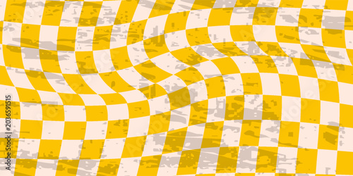 Retro background with abstract psychedelic checkerboard. Groovy yellow checkered pattern. Trendy plaid vector texture in abstract y2k style. Vector graphic for posters and art prints
