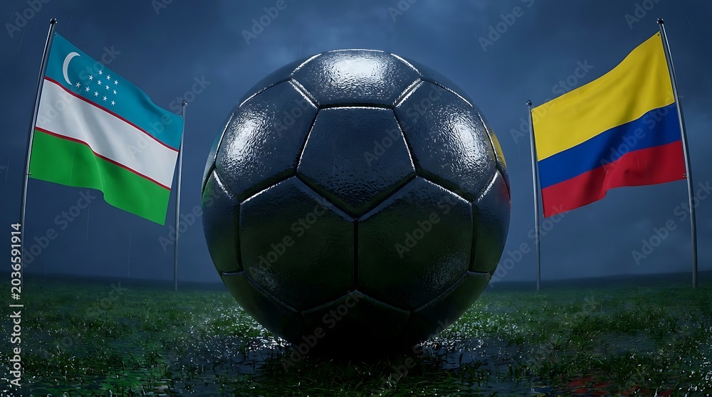 Naklejka premium Soccer ball on grass field with national flags at dusk under stadium lights