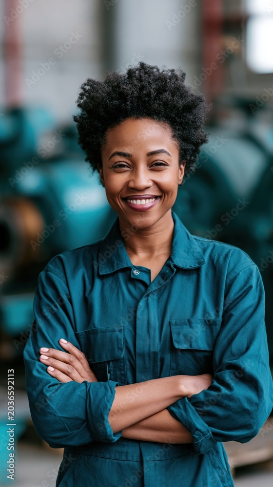 Fototapeta premium Smiling female workshop technician with crossed arms in factory setting portrait for recruitment banner and team profile design