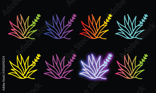 Stylized agave plants in bright gradient colors on black background.