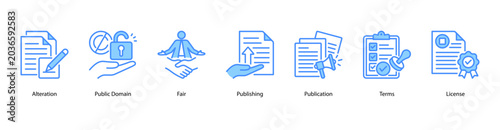 фотографія Publishing Rights web banner icon vector illustration featuring Alteration, Public Domain, Fair, Publishing, Publication, Terms, and License