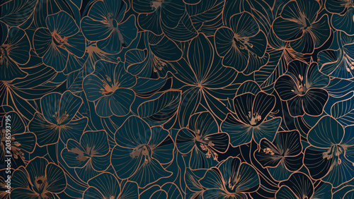Fotografía Floral ornament featuring densely packed hibiscus flowers in a dark teal and bro