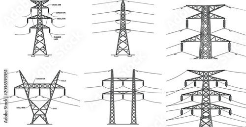 Electrical Transmission Tower Vector Set Featuring High Voltage Power Line Infrastructure and Utility Grid Engineering Illustrations
