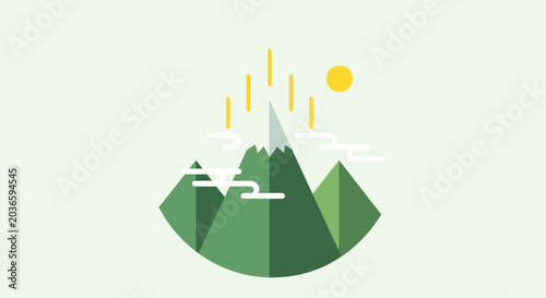 Minimalist Mountain Landscape Vector Illustration with Sun and Clouds