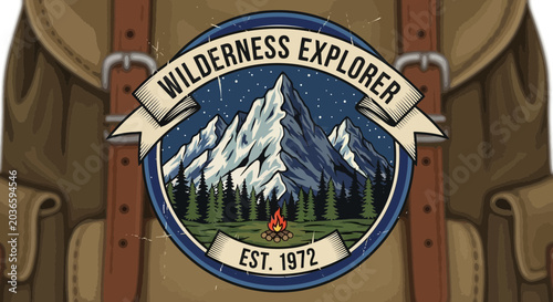 Wilderness Explorer Mountain Badge with Backpack Background