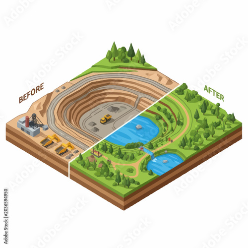 Foto Mining operation before and after land reclamation and reforestation