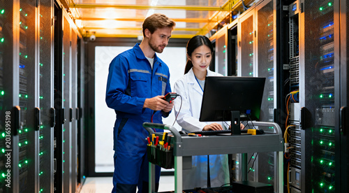 Caucasian Male and Asian Female IT Technicians Working with Computer Crash Cart in Big Data Center full of Rack Servers.