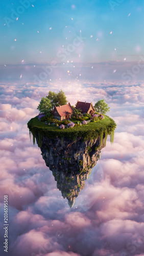 A vibrant digital illustration depicts a small, verdant floating island with quaint houses suspended high above soft, pink-tinged clouds.