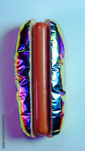 A vibrant, top-down view of a sausage in a bun wrapped in iridescent, holographic foil against a cool, soft background.