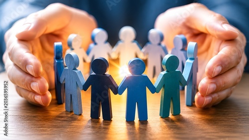 Protective hands surrounding a circle of wooden human figures representing community support employee care