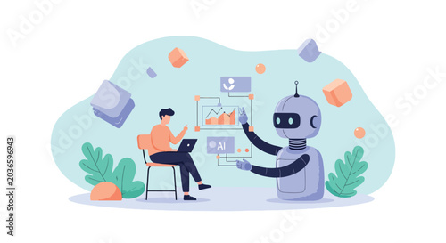 Photos Man and robot interacting with technology.