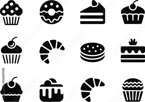 Fotografía dessert icon set black white silhouette 12 sweets cupcakes donuts cakes croissan