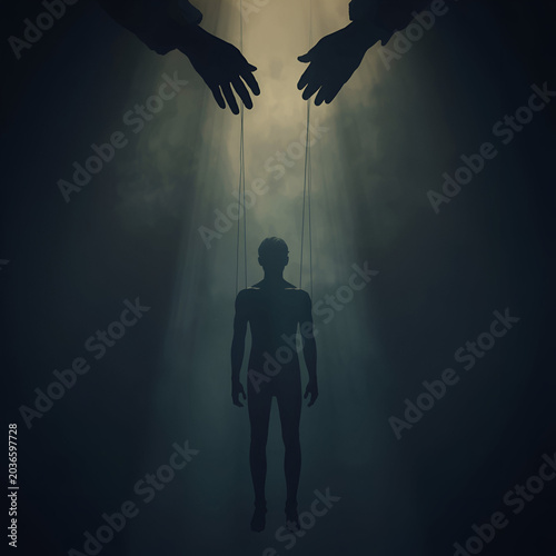 Human Puppet Controlled by Invisible Strings/ Manipulation and Mind Control Concept Art/ Psychological Control and Power Symbolism
