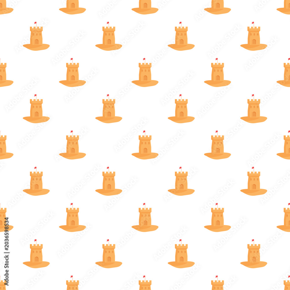 Obraz premium Sandcastle pattern repeating on a white background, symbolizing beach holidays and summer fun
