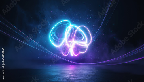 An abstract digital rendering featuring glowing neon light trails in cyan and magenta against a dark, smoky, and starry background.