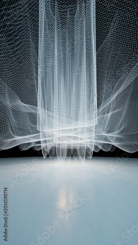 An abstract indoor installation features flowing, white, netted fabric suspended above a reflective, light blue floor against a dark background.