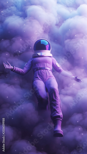 An astronaut in a purple suit floats suspended within luminous, dense purple and blue cosmic clouds, surrounded by tiny sparkling lights.