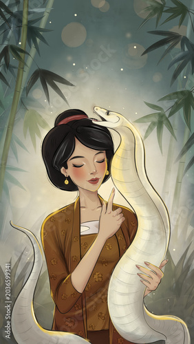 An enchanting illustration depicts a serene woman in traditional attire gently interacting with a large, luminous white serpent amidst a bamboo forest setting.