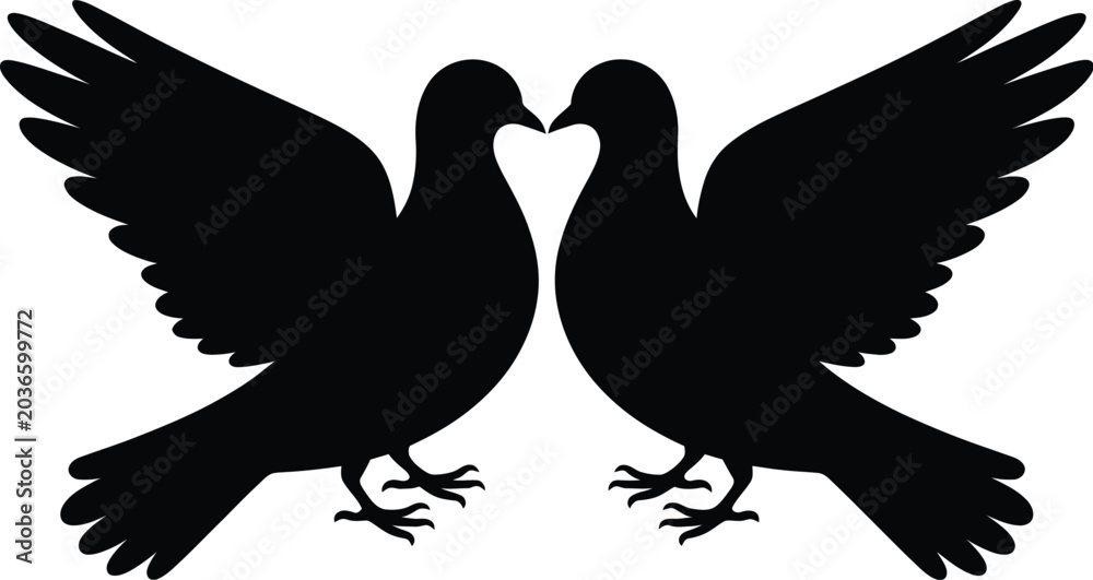 Fototapeta premium Flying dove silhouettes, peace love bird symbols vector artwork modern decorative animal graphics symmetrical wing design set