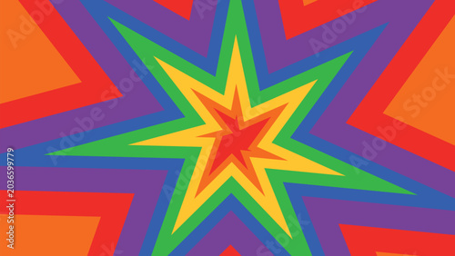 Bild auf Leinwand Vibrant psychedelic starburst vector background with colorful geometric shapes, dynamic radial explosion and retro pop art style