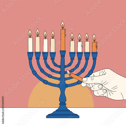 Photography Hand lighting blue menorah with candles.