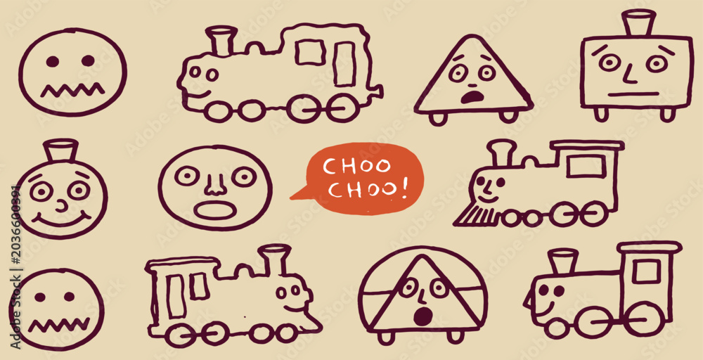Fototapeta premium Collection of hand-drawn cartoon trains and faces with expressions, including a speech bubble saying 'Choo Choo!'.