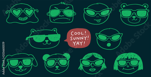 Fotografía A collection of diverse cartoon faces and animal heads wearing sunglasses, expressing joy and excitement for sunny weather
