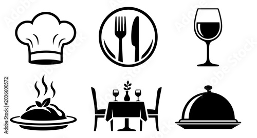 Culinary Symbols Depicting a Chef Hat, Silverware, Wine Glass, Hot Meal, Dining Table, and Covered Platter for Food Service and Restaurant Designs