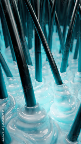 Extreme close-up rendering of dark hair shafts emerging from a viscous, light blue or cyan glowing substance, suggesting a microscopic or cosmetic application.