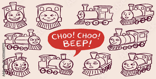 Photography Collection of cute, hand-drawn cartoon steam locomotives with expressive faces and speech bubbles saying Choo Choo and Beep