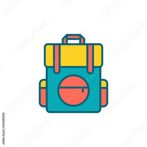 Flat design icon of a red and teal backpack with yellow accents, perfect for travel and outdoor adventure themes