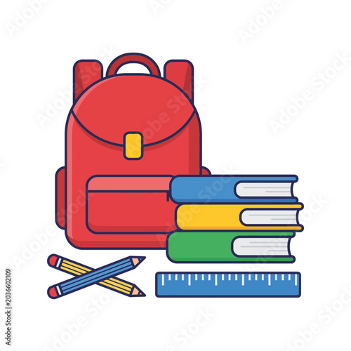 Back to school concept with a red backpack, stack of books, pencils, and a ruler, symbolizing education and learning