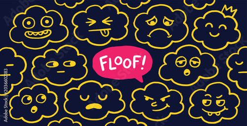 Photos A collection of cartoon clouds with different facial expressions and emotions, one cloud saying FLOOF!