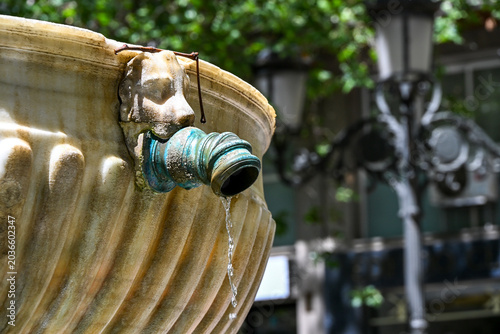 weathered bronze water spout in the mouth of a lion head. Detail of an old stone fountain in Granada, Spain