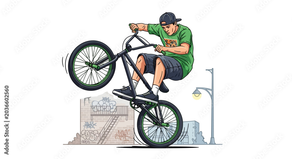 Fototapeta premium Man performing a bicycle stunt outdoors.