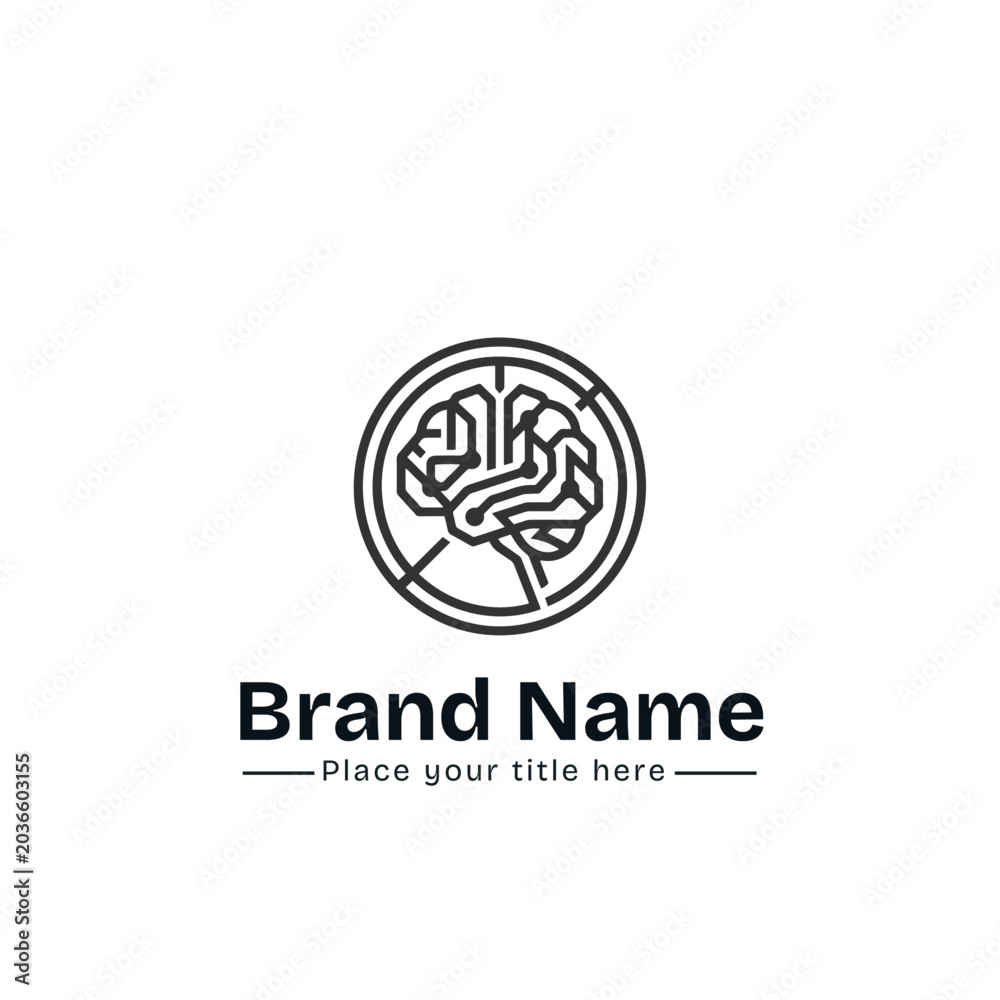 Fototapeta premium Minimalist Tech Brain Logo Design with Digital Circuit Lines in Circle for Artificial Intelligence, Cyber Security, Software Tech, and Neural Network Brand Identity