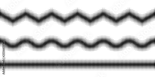 Halftone horizontal lines in wave, zigzag, and straight shapes. Dotted stripe textures for a border or divider in a retro style.