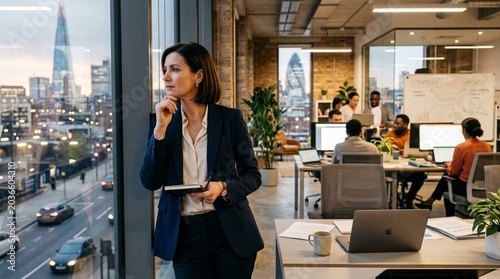 Female executive pausing for reflection in startup office