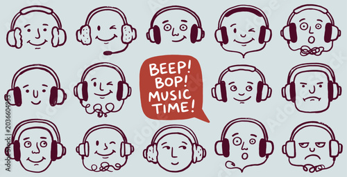 Tableau sur toile Collection of cartoon faces wearing headphones, expressing various emotions and moods, with a speech bubble saying 'BEEP! BOP! MUSIC TIME!'
