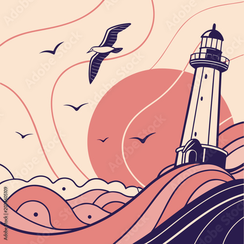 Canvas-taulu Lighthouse on a rocky coast with waves and seagulls at sunset guiding light ligh