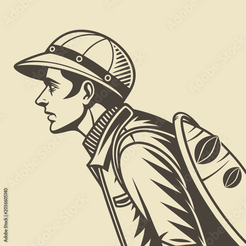 Billede på lærred Profile of a man wearing a pith helmet and backpack with safari hat outdoor gear