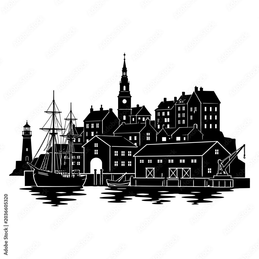 Fototapeta premium Coastal harbor town silhouette with tall ship lighthouse