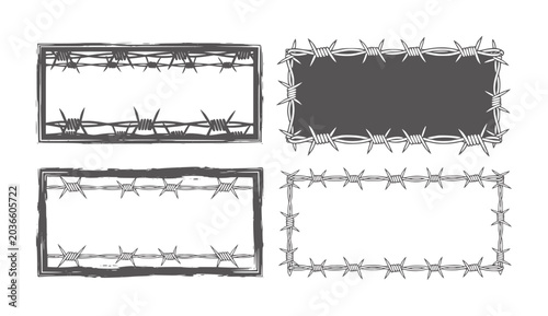 Tableau sur toile Four rectangular frames made of barbed wire and rough brush strokes border recta