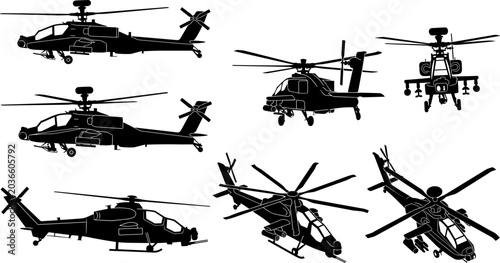 Canvas Print Military attack helicopter silhouette collection with combat aviation aircraft d