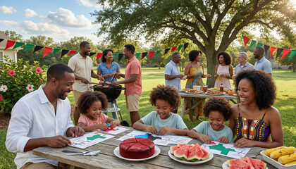 Modern Black family reading a Juneteenth book together at home