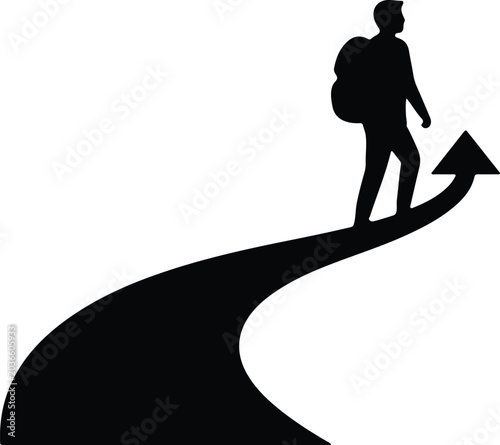 Silhouette design of traveler walking on upward curved road path vector