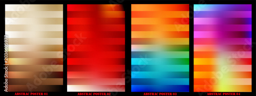 Abstract posters collection, horizontal geometric rectangle stripes, warm gold red and vibrant colorful gradients on blurred backgrounds, defocused color templates for creative graphic design layouts